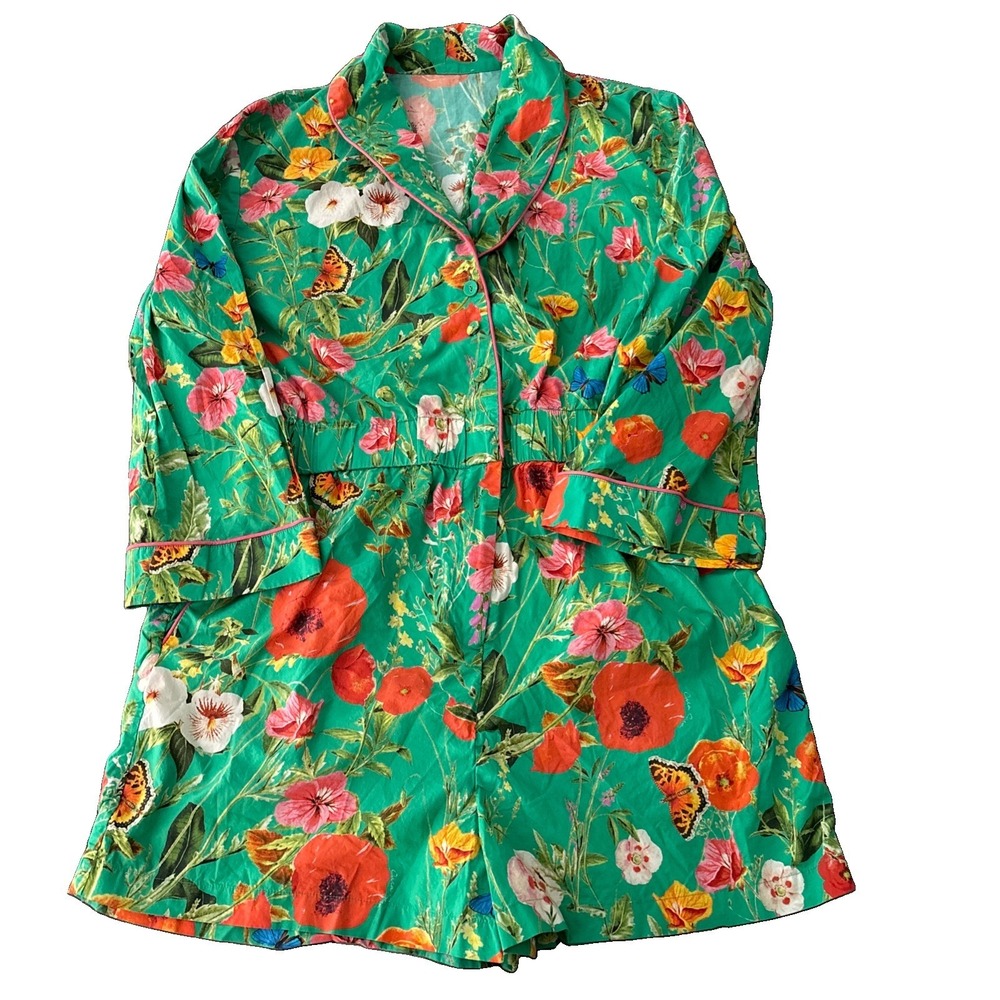 Cara Cara Green Floral Romper Size M/L cotton butterflies pockets *NO BELT*